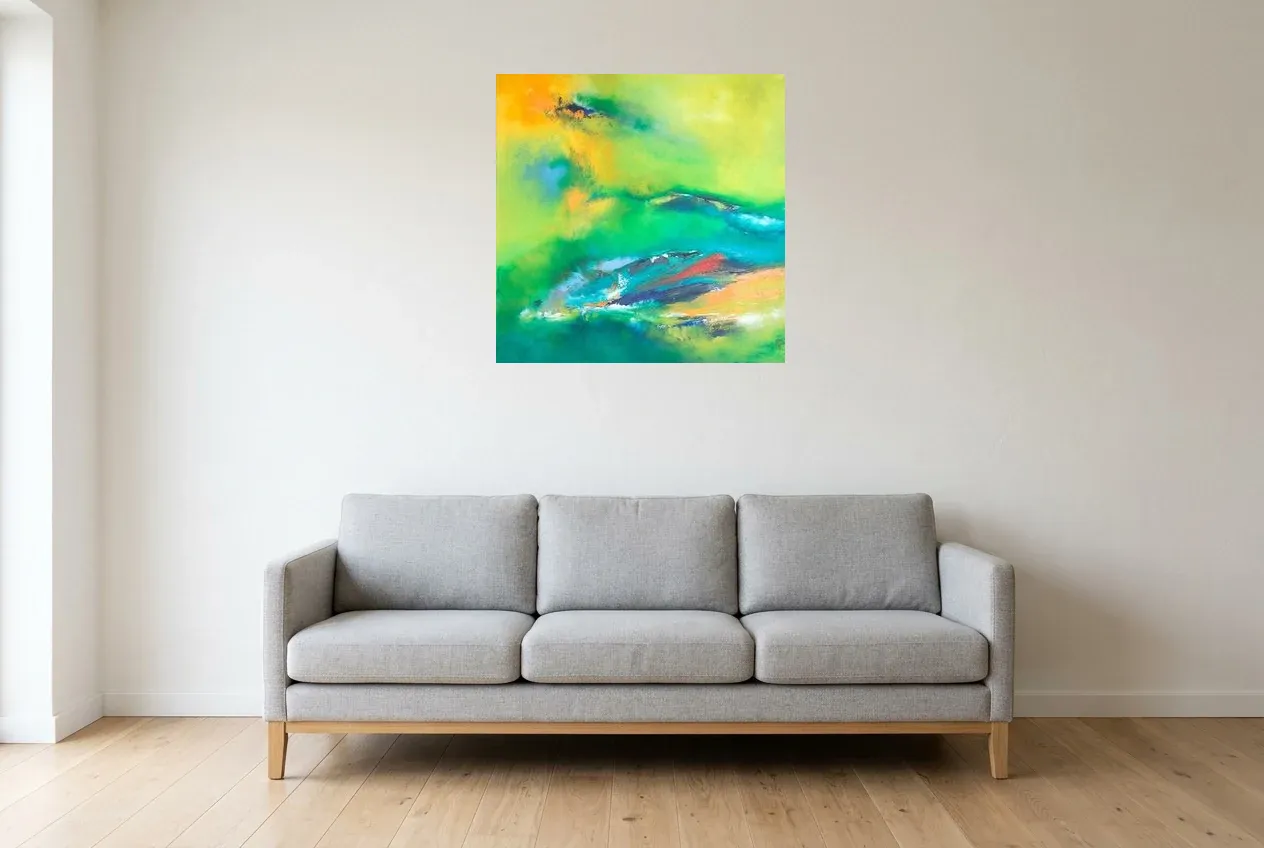 Cuadro Abstracto Verde 164 “Amazonie”, pintura original al óleo de Régine Gardan, 70 × 70 cm, colgado en un salón
