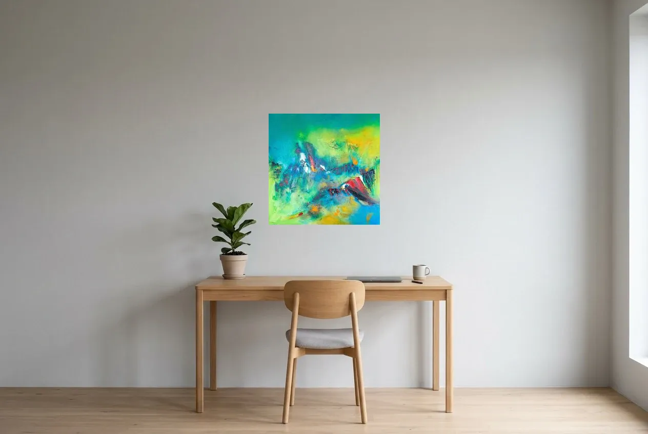 Green Abstract Painting 187 “Temple Naturel”, original oil painting by Régine Gardan, 60 × 60 cm, hung in a home office