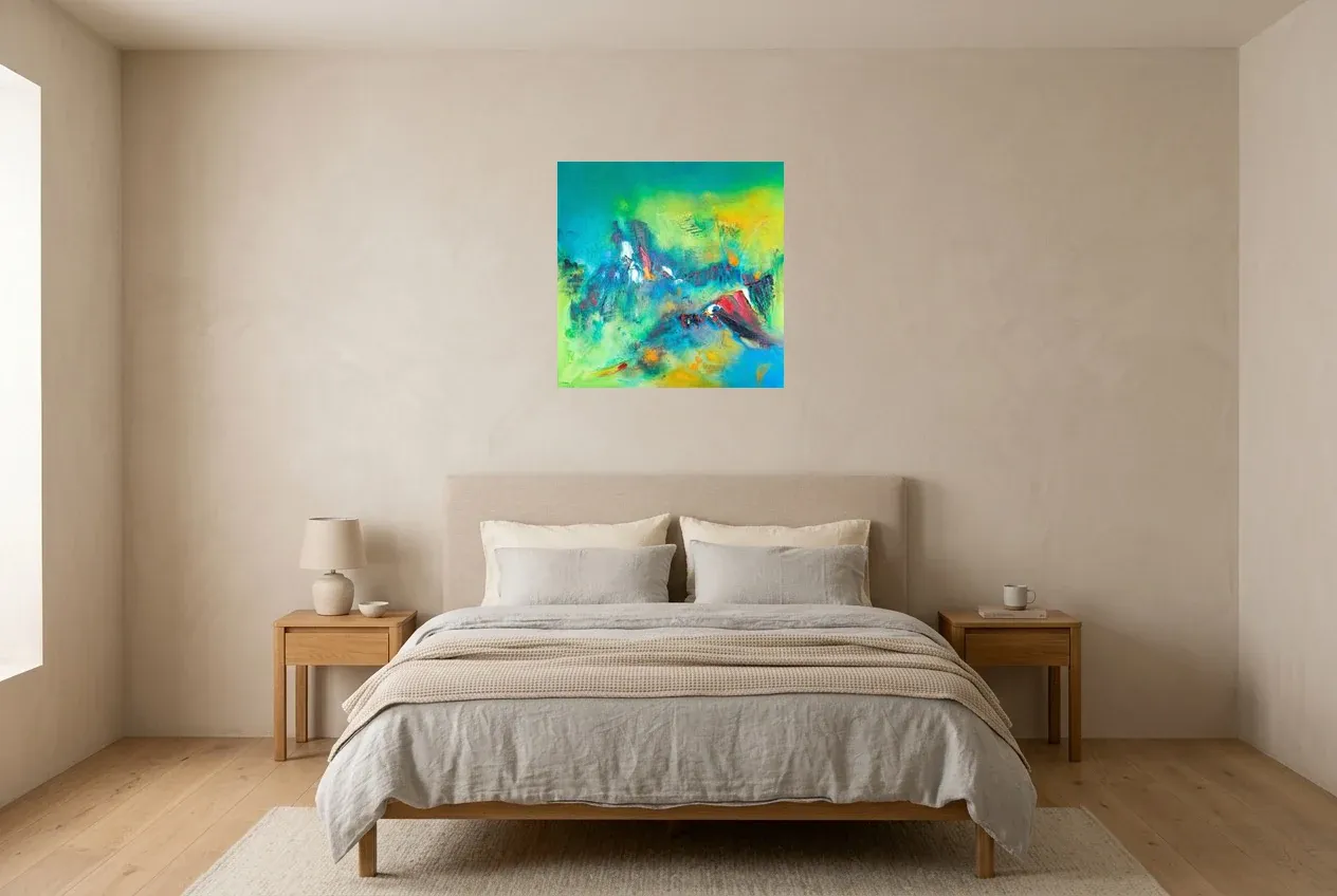 Green Abstract Painting 187 “Temple Naturel”, original oil painting by Régine Gardan, 60 × 60 cm, hung in a bedroom