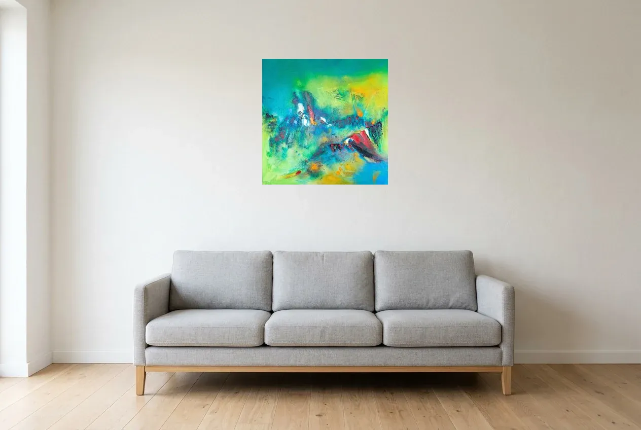 Green Abstract Painting 187 “Temple Naturel”, original oil painting by Régine Gardan, 60 × 60 cm, hung in a living room