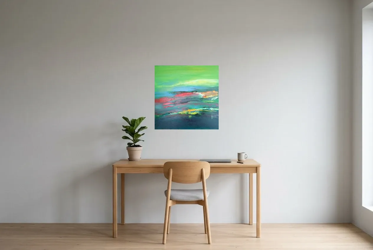 Tableau Abstrait Vert 191 “Galice”, peinture originale à l'huile par Régine Gardan, 60 × 60 cm, accroché dans un bureau