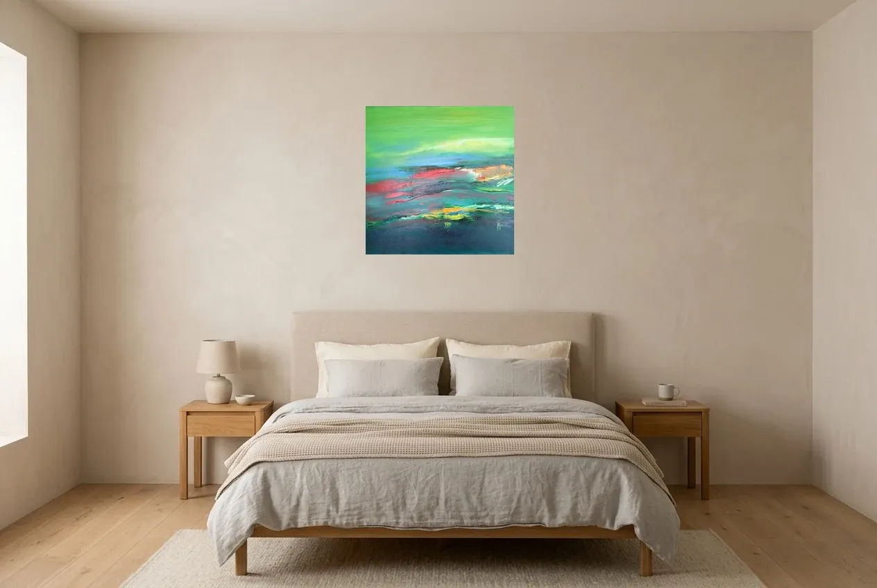 Tableau Abstrait Vert 191 “Galice”, peinture originale à l'huile par Régine Gardan, 60 × 60 cm, accroché dans une chambre