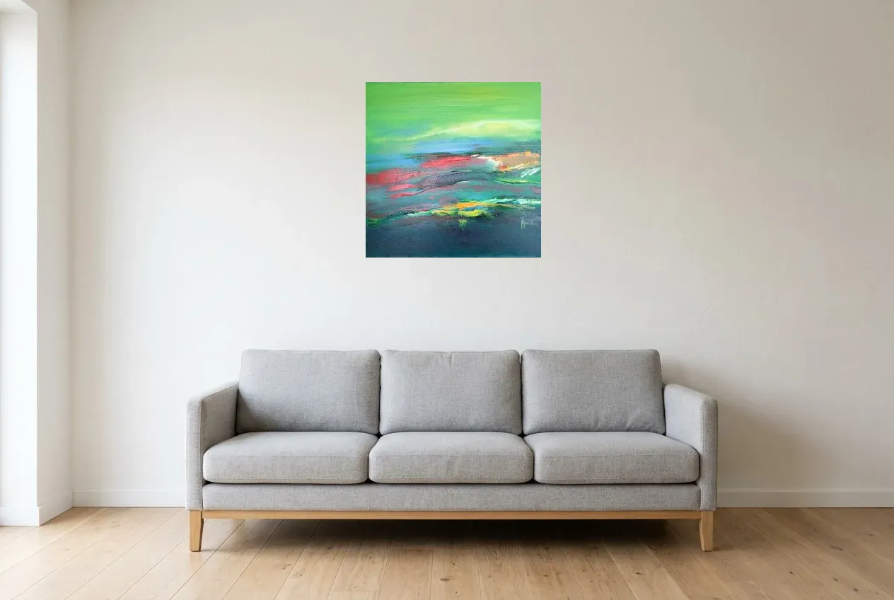 Tableau Abstrait Vert 191 “Galice”, peinture originale à l'huile par Régine Gardan, 60 × 60 cm, accroché dans un salon