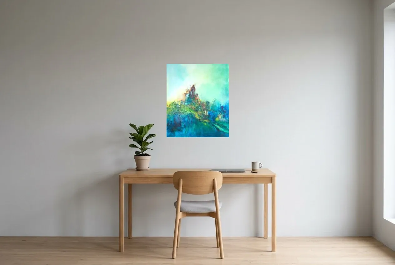 Green Abstract Painting 192 “Apesanteur”, original oil painting by Régine Gardan, 55 × 65 cm, hung in a home office