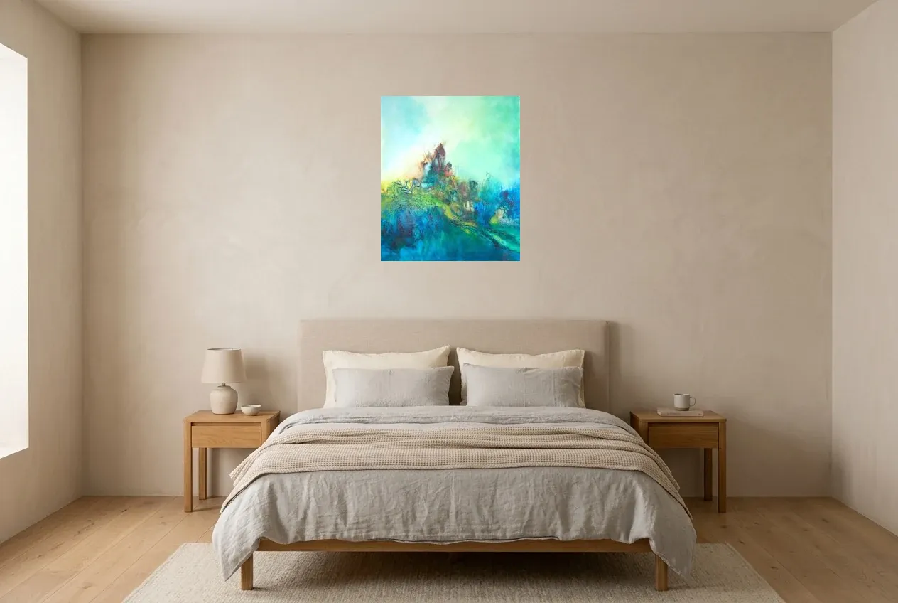 Green Abstract Painting 192 “Apesanteur”, original oil painting by Régine Gardan, 55 × 65 cm, hung in a bedroom