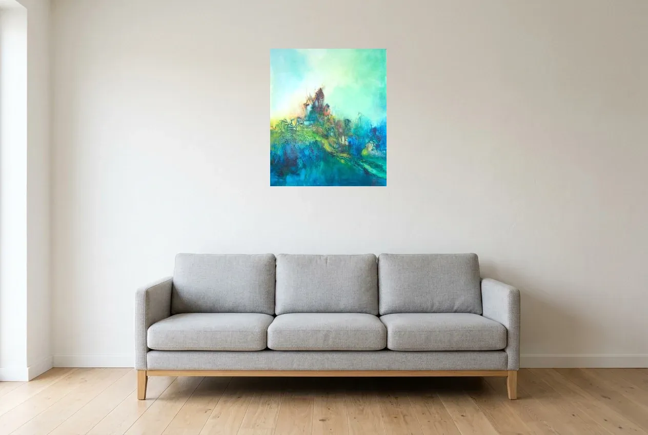 Green Abstract Painting 192 “Apesanteur”, original oil painting by Régine Gardan, 55 × 65 cm, hung in a living room