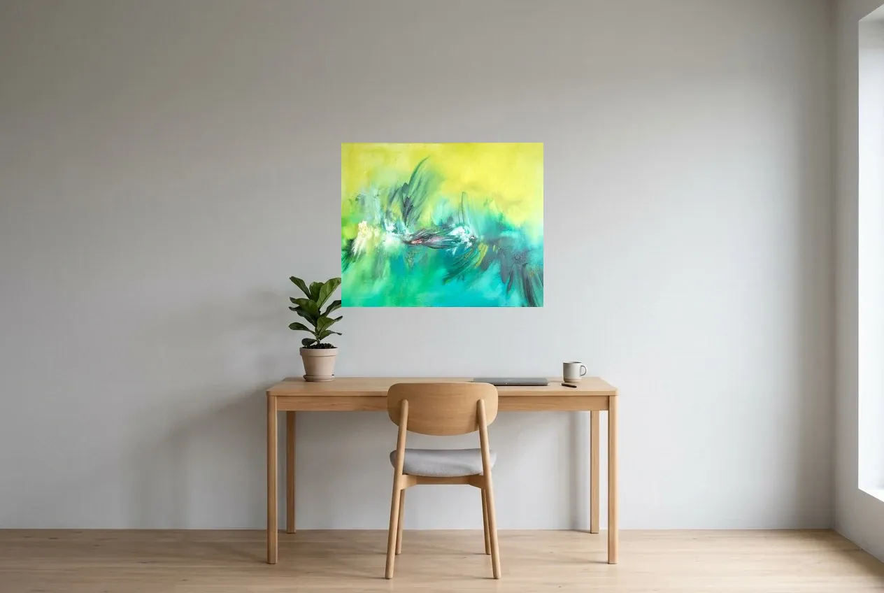Cuadro Abstracto Verde 193 “Chevaux”, pintura original al óleo de Régine Gardan, 80 × 65 cm, colgado en un despacho