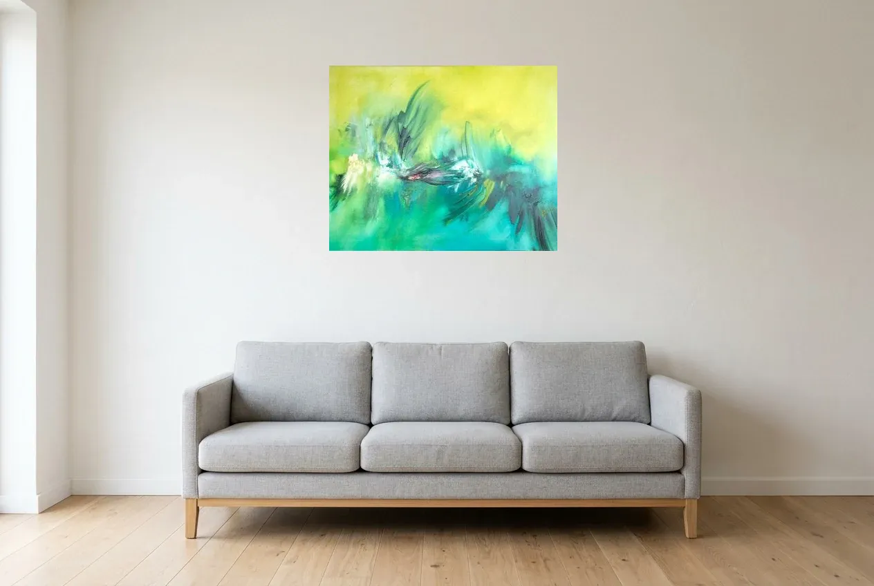 Cuadro Abstracto Verde 193 “Chevaux”, pintura original al óleo de Régine Gardan, 80 × 65 cm, colgado en un salón
