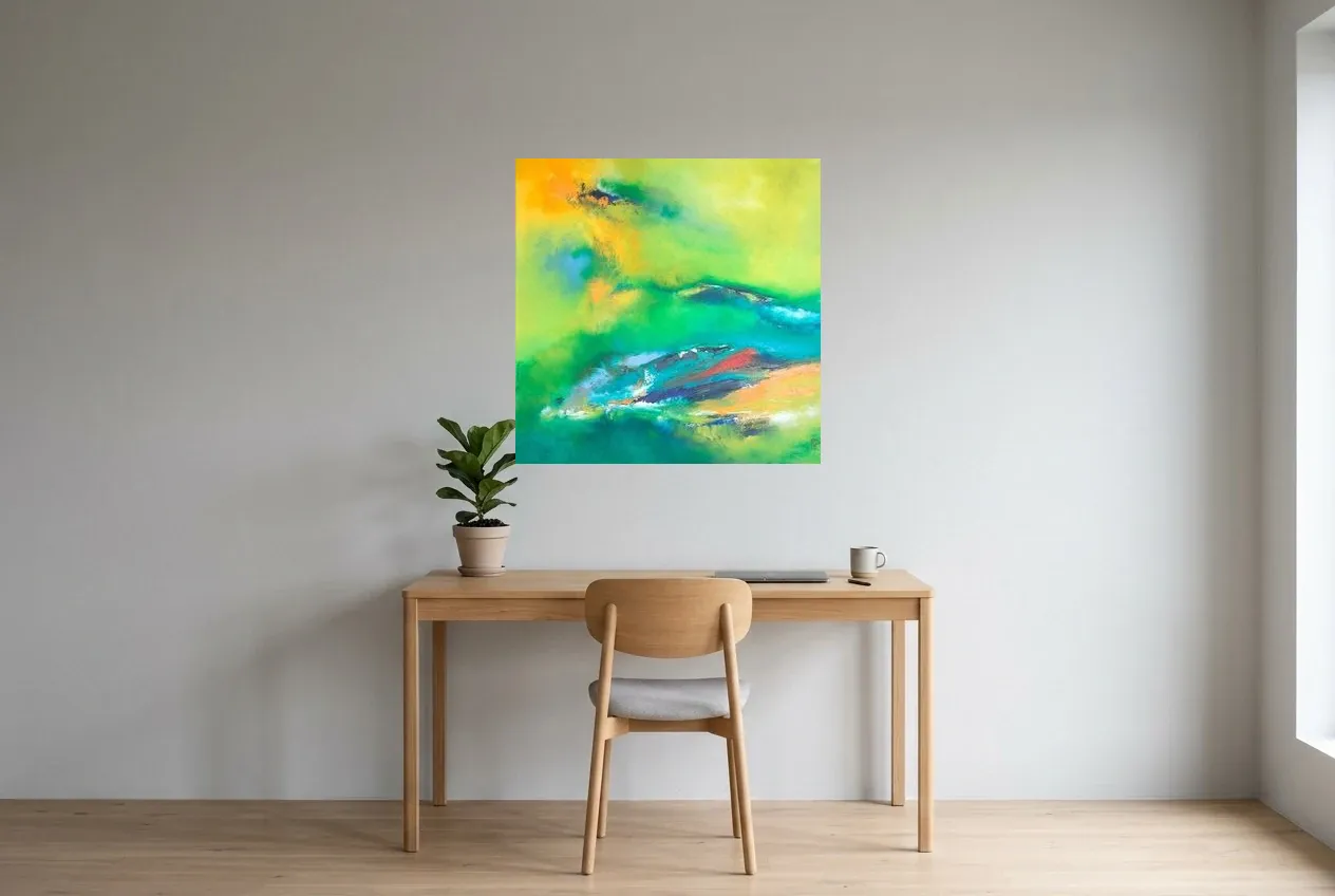 Green Abstract Painting 203 “Amazonie”, original oil painting by Régine Gardan, 80 × 80 cm, hung in a home office