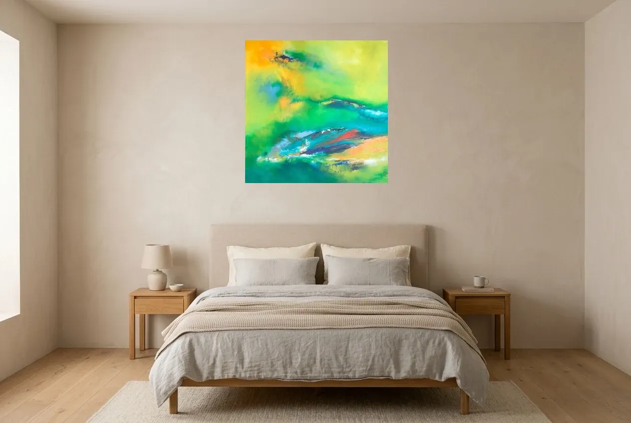 Green Abstract Painting 203 “Amazonie”, original oil painting by Régine Gardan, 80 × 80 cm, hung in a bedroom
