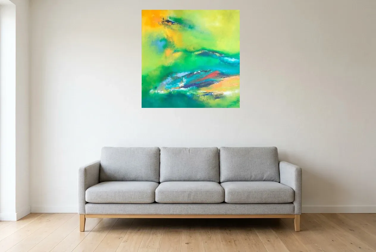 Green Abstract Painting 203 “Amazonie”, original oil painting by Régine Gardan, 80 × 80 cm, hung in a living room