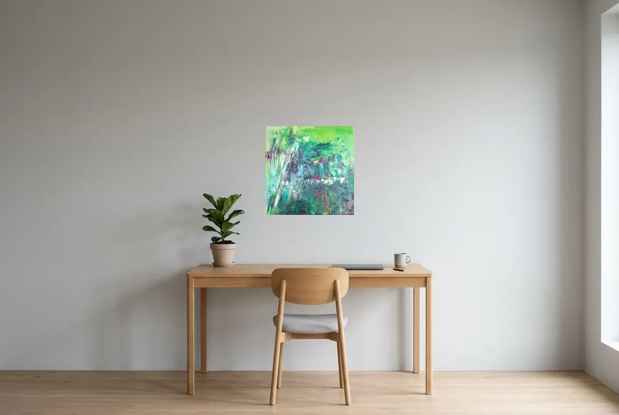 Green Abstract Painting 207 “Marécage”, original oil painting by Régine Gardan, 50 × 50 cm, hung in a home office
