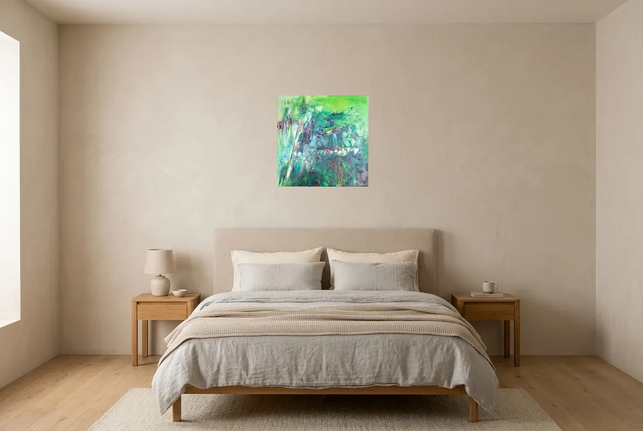 Green Abstract Painting 207 “Marécage”, original oil painting by Régine Gardan, 50 × 50 cm, hung in a bedroom