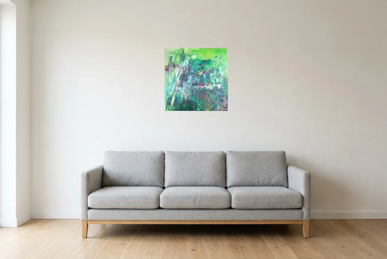 Green Abstract Painting 207 “Marécage”, original oil painting by Régine Gardan, 50 × 50 cm, hung in a living room
