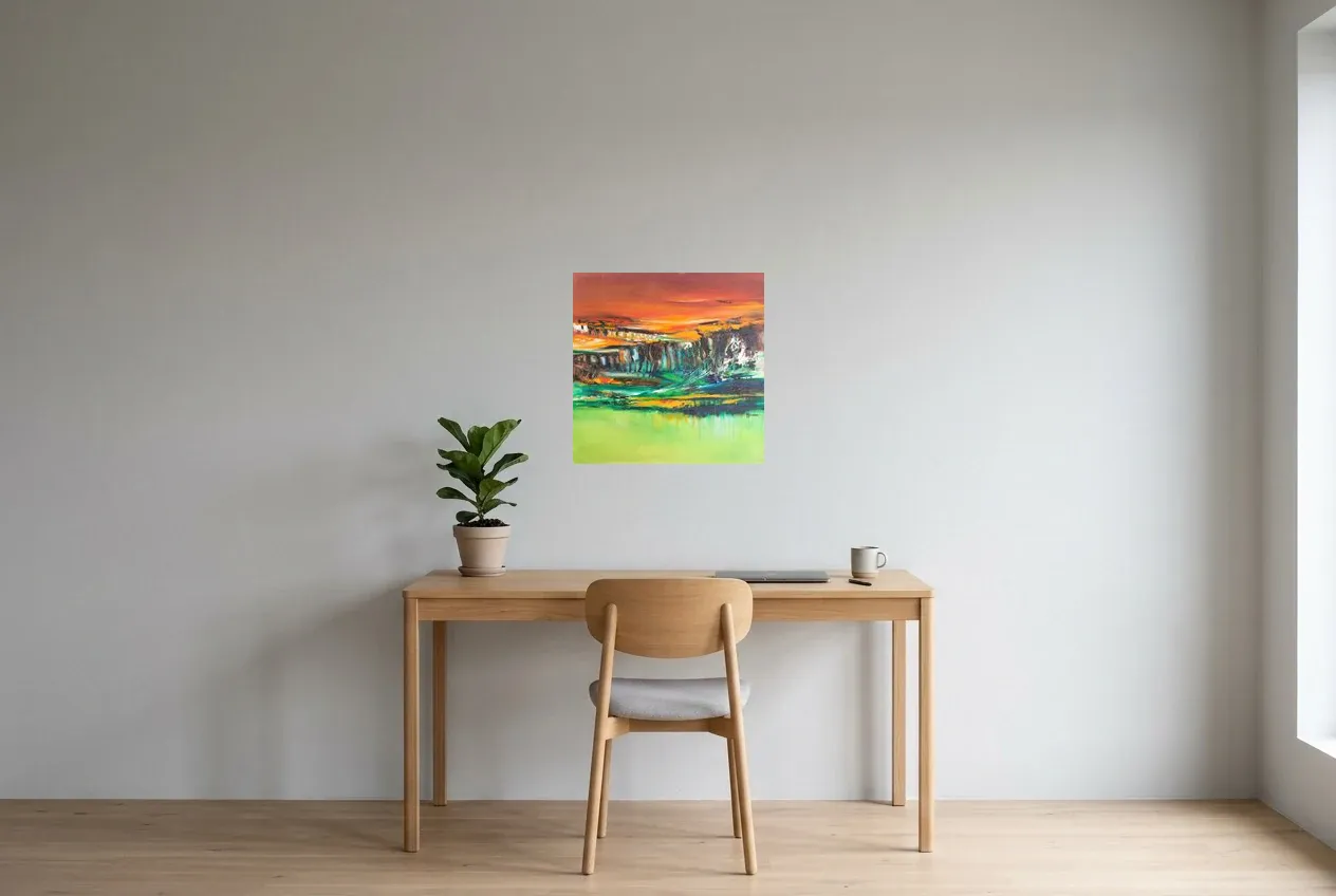 Cuadro Abstracto Verde 211 “Horizon”, pintura original al óleo de Régine Gardan, 50 × 50 cm, colgado en un despacho