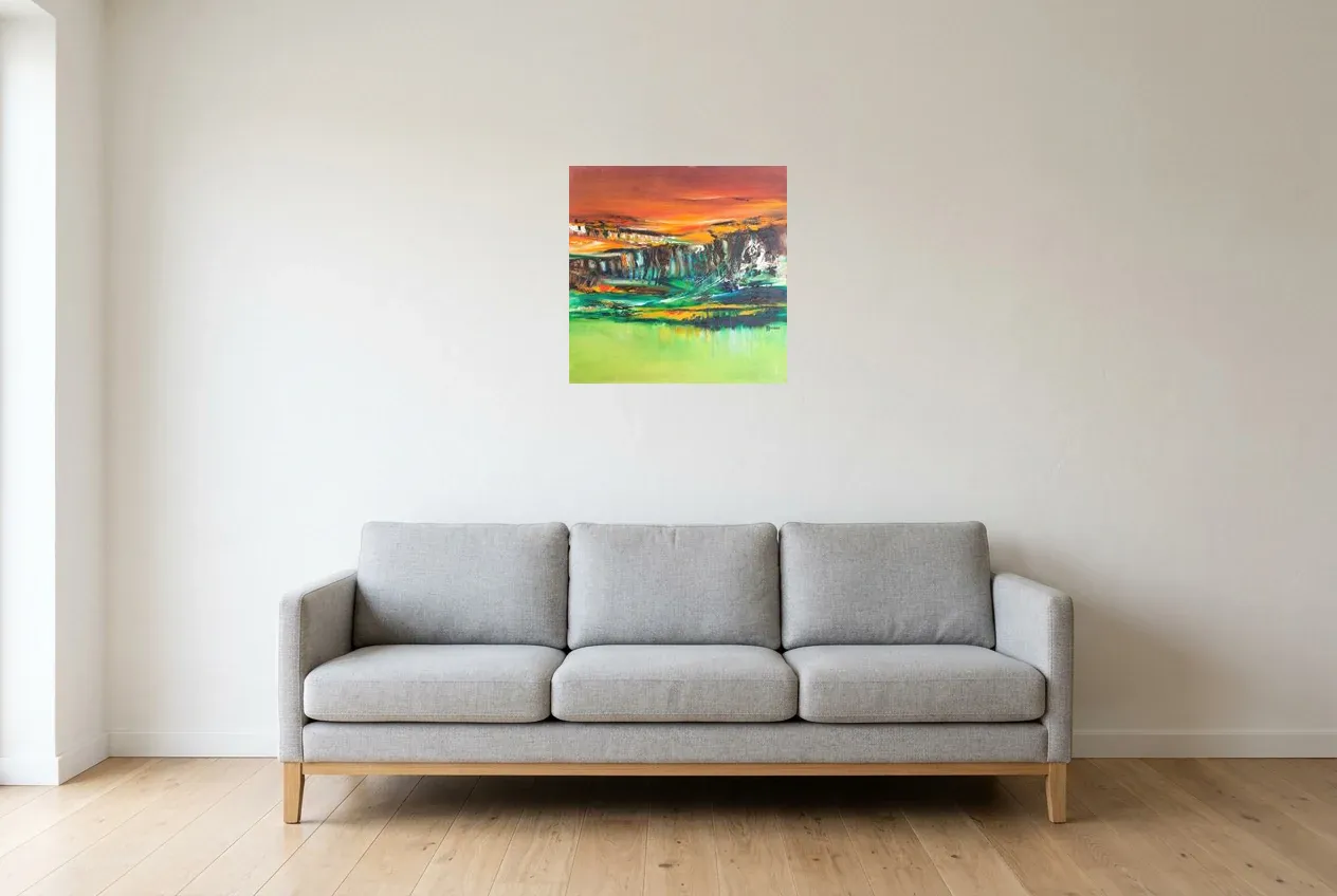 Cuadro Abstracto Verde 211 “Horizon”, pintura original al óleo de Régine Gardan, 50 × 50 cm, colgado en un salón