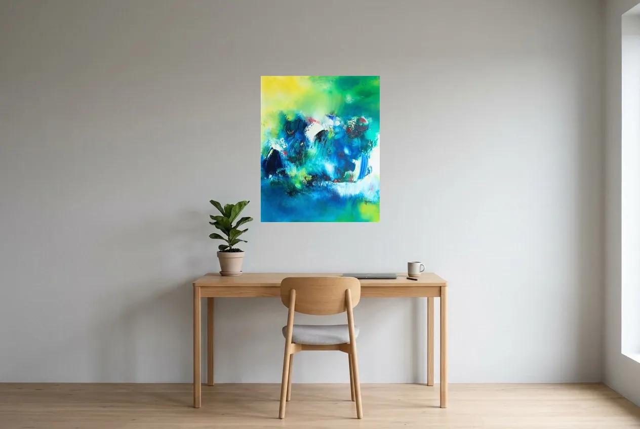 Cuadro Abstracto Verde 236 “Printemps”, pintura original al óleo de Régine Gardan, 65 × 80 cm, colgado en un despacho