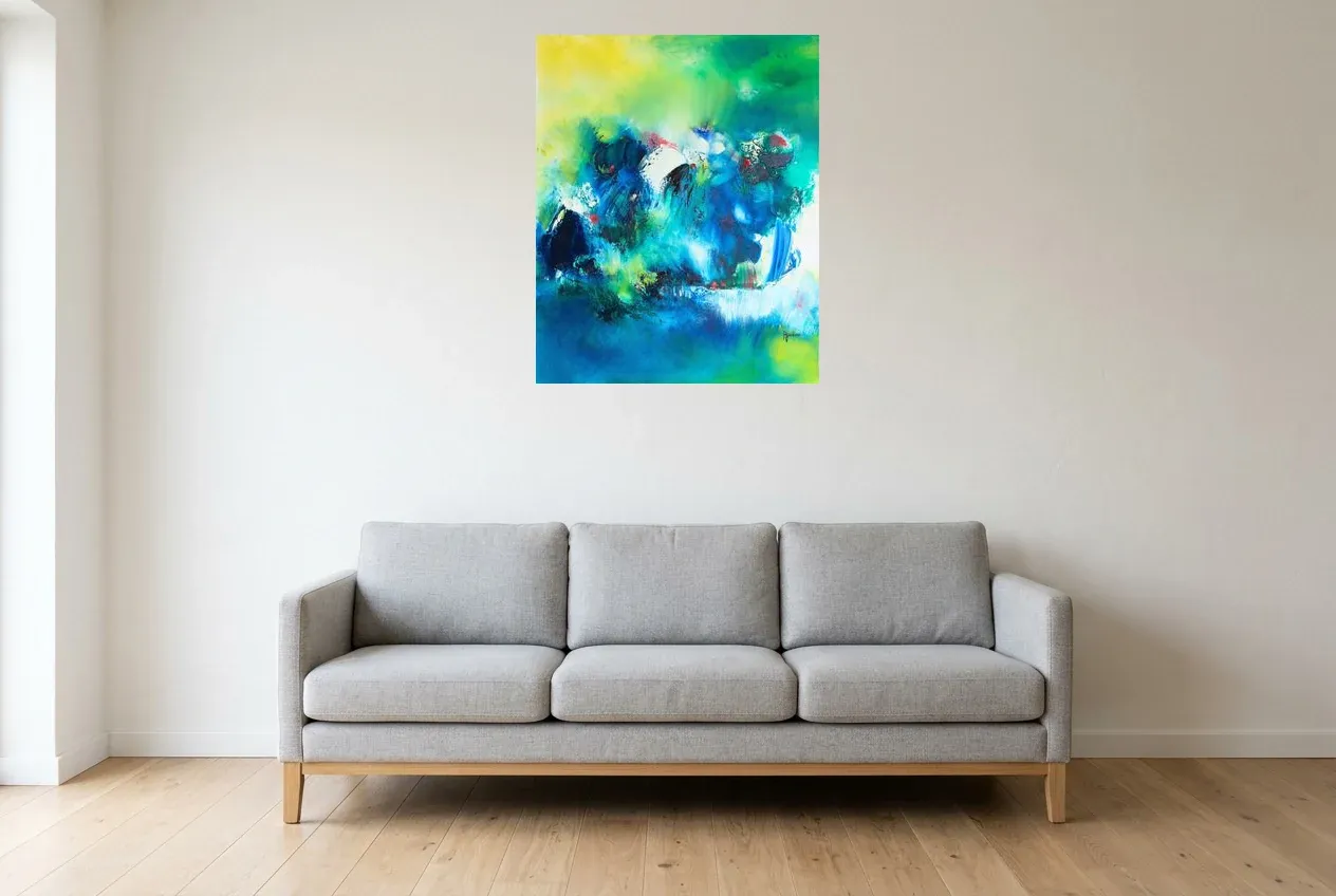 Cuadro Abstracto Verde 236 “Printemps”, pintura original al óleo de Régine Gardan, 65 × 80 cm, colgado en un salón