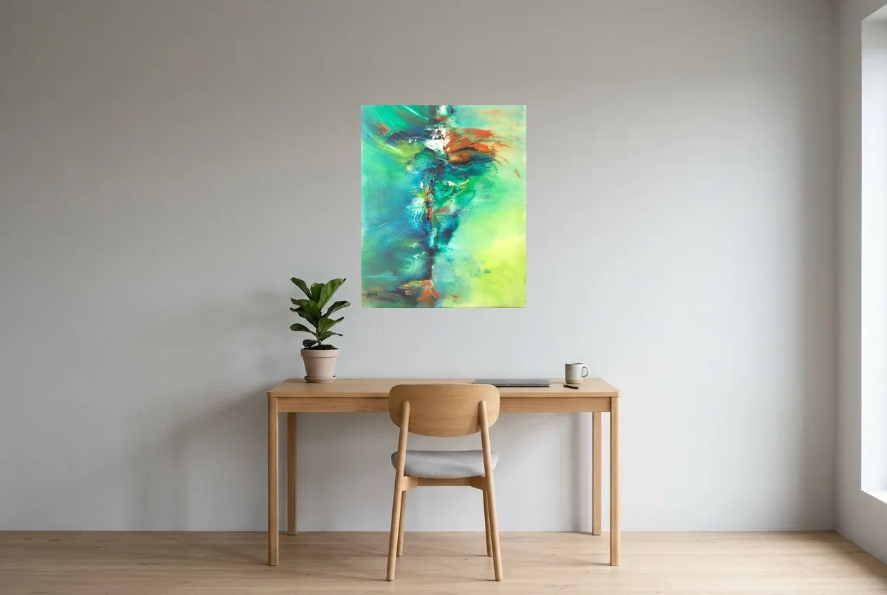 Green Abstract Painting 30 “Tornade”, original oil painting by Régine Gardan, 65 × 80 cm, hung in a home office