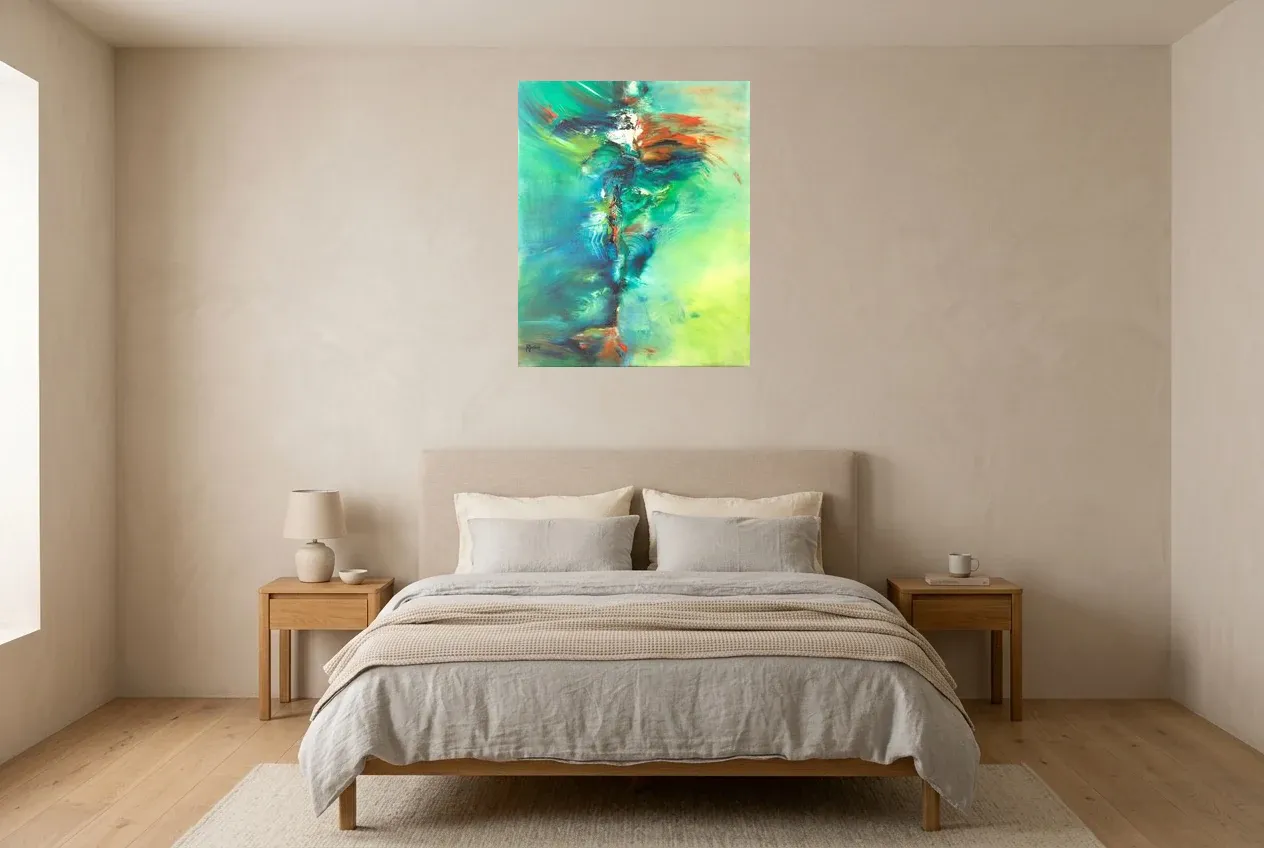 Green Abstract Painting 30 “Tornade”, original oil painting by Régine Gardan, 65 × 80 cm, hung in a bedroom