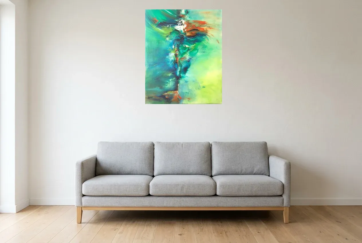 Green Abstract Painting 30 “Tornade”, original oil painting by Régine Gardan, 65 × 80 cm, hung in a living room