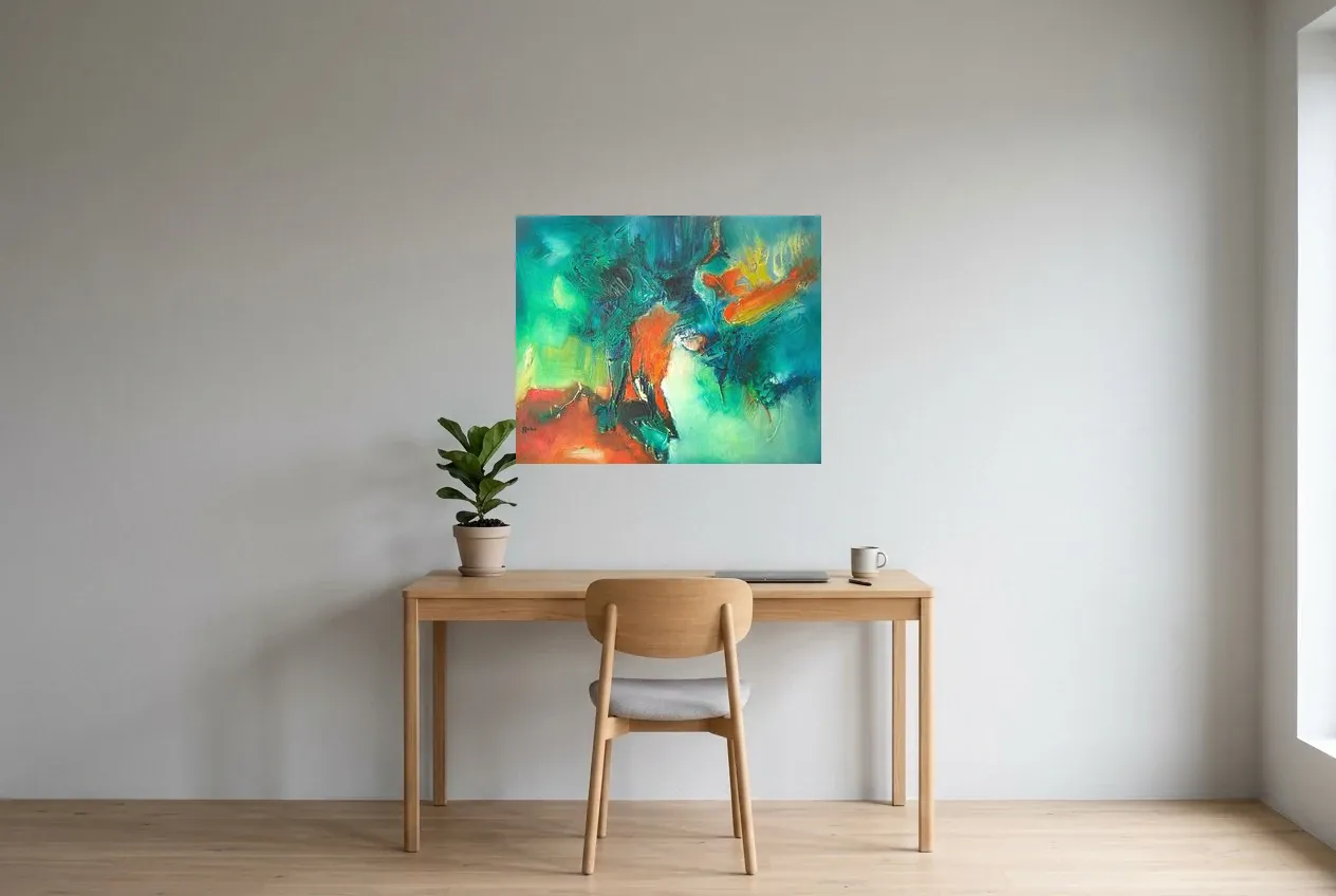 Green Abstract Painting 31 “Destinée”, original oil painting by Régine Gardan, 80 × 65 cm, hung in a home office