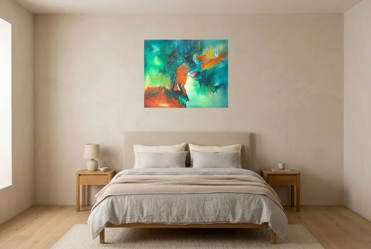 Green Abstract Painting 31 “Destinée”, original oil painting by Régine Gardan, 80 × 65 cm, hung in a bedroom