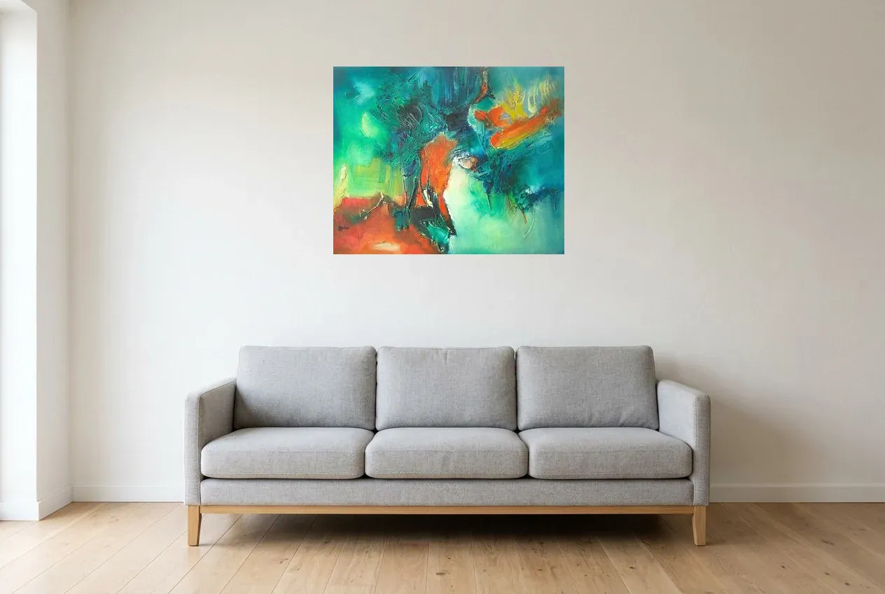 Green Abstract Painting 31 “Destinée”, original oil painting by Régine Gardan, 80 × 65 cm, hung in a living room