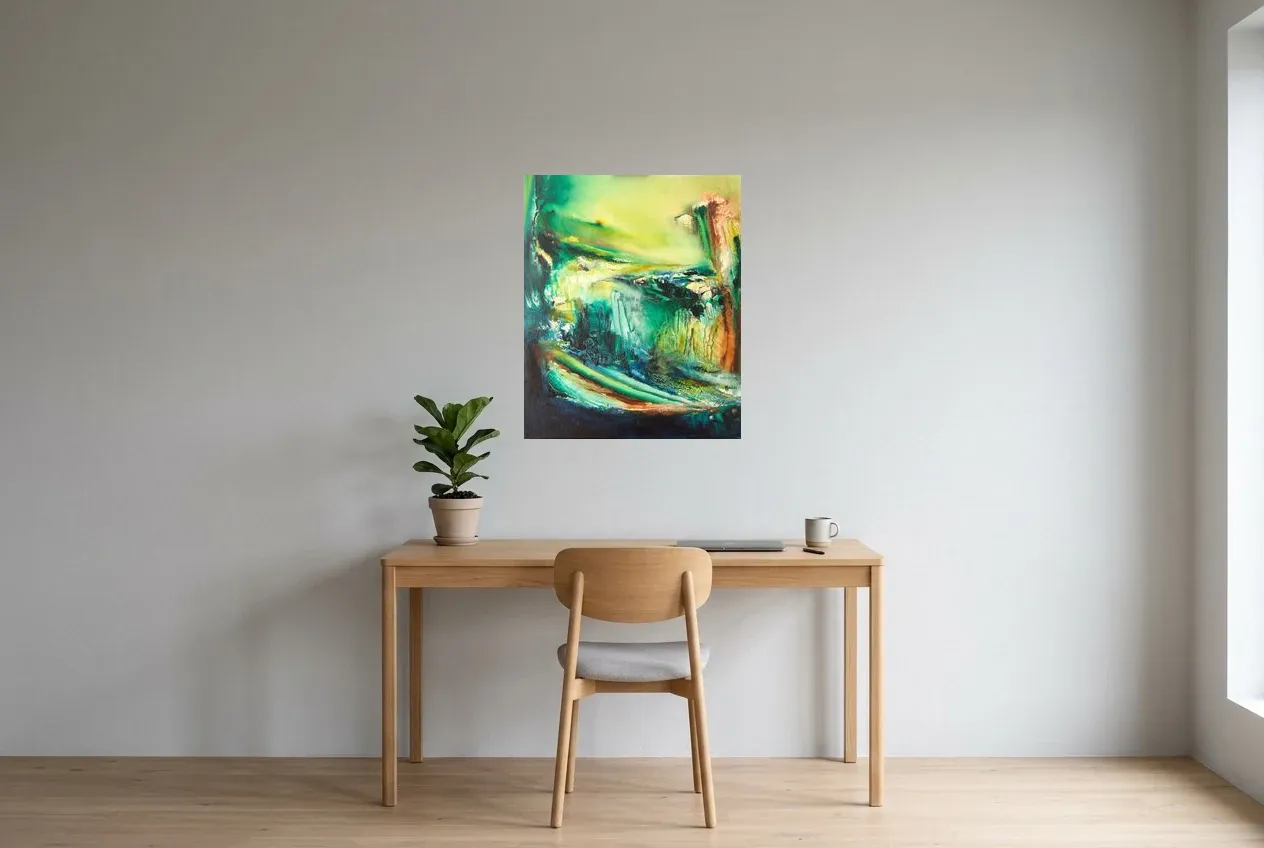 Green Abstract Painting 45 “Jungle”, original oil painting by Régine Gardan, 60 × 73 cm, hung in a home office