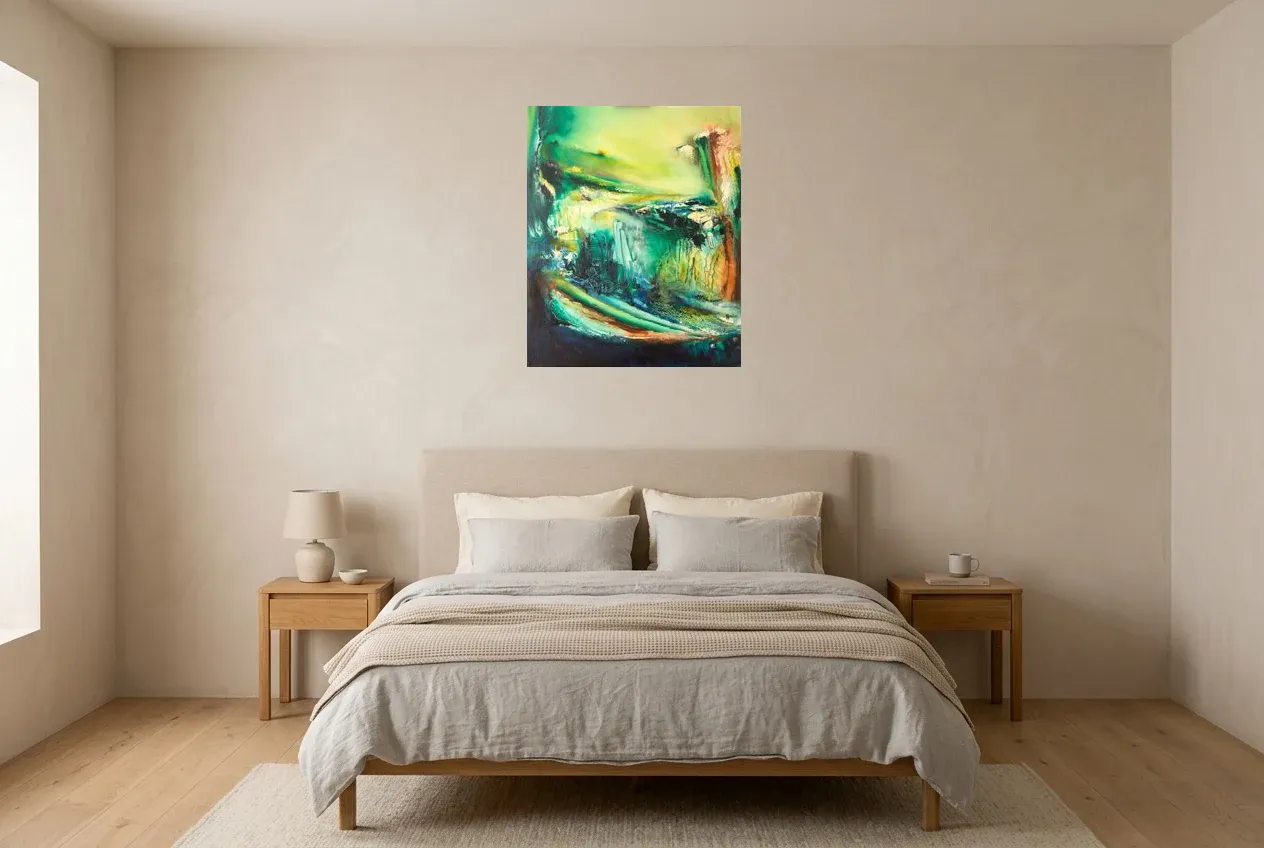 Green Abstract Painting 45 “Jungle”, original oil painting by Régine Gardan, 60 × 73 cm, hung in a bedroom