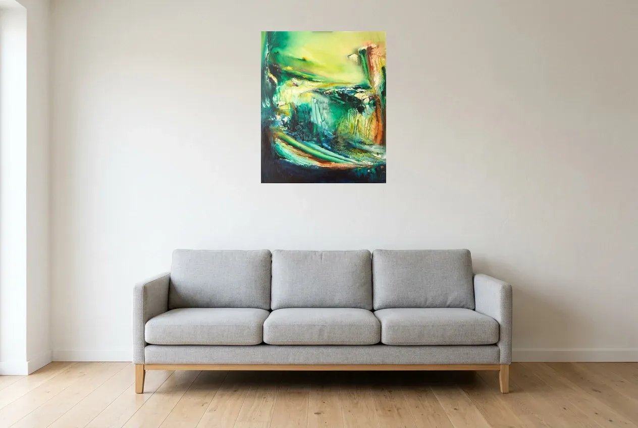 Green Abstract Painting 45 “Jungle”, original oil painting by Régine Gardan, 60 × 73 cm, hung in a living room