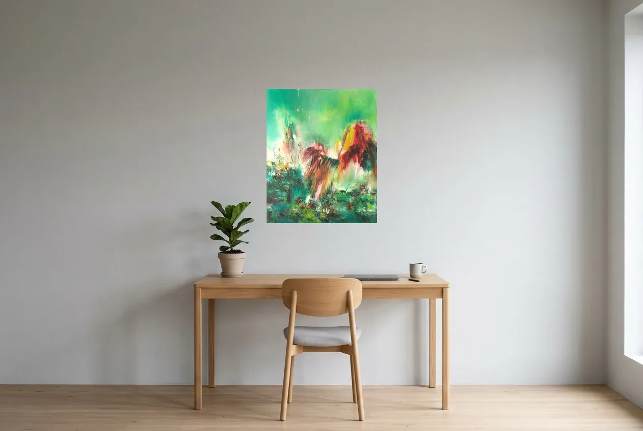 Cuadro Abstracto Verde 51 “Rayon d’Espoir”, pintura original al óleo de Régine Gardan, 60 × 73 cm, colgado en un despacho