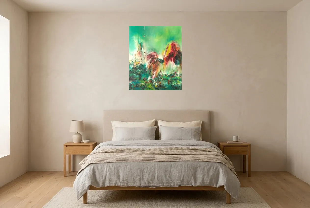 Cuadro Abstracto Verde 51 “Rayon d’Espoir”, pintura original al óleo de Régine Gardan, 60 × 73 cm, colgado en un dormitorio
