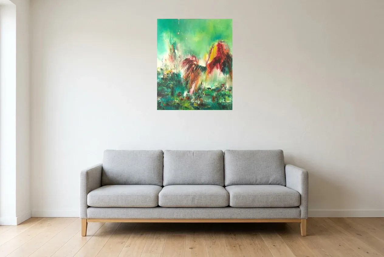 Cuadro Abstracto Verde 51 “Rayon d’Espoir”, pintura original al óleo de Régine Gardan, 60 × 73 cm, colgado en un salón