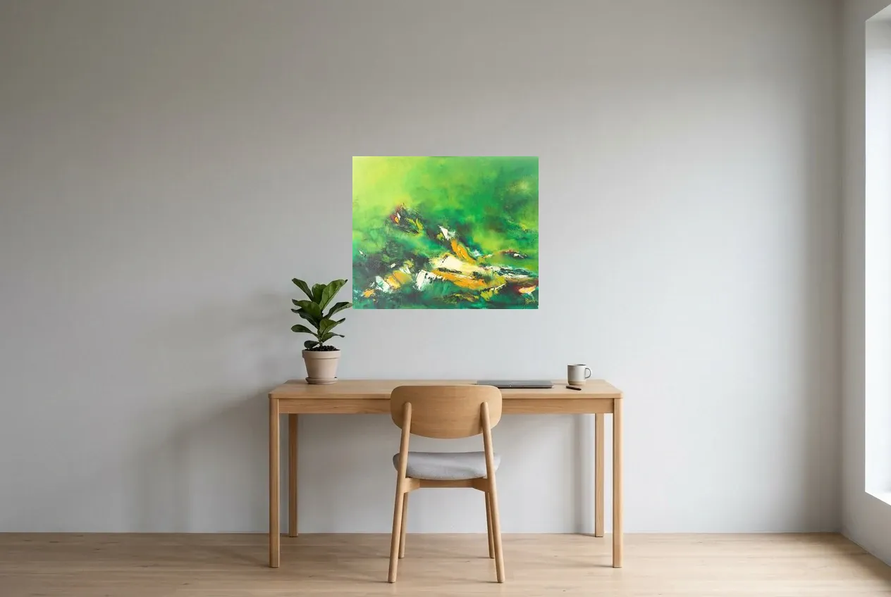 Green Abstract Painting 64 “Plénitude”, original oil painting by Régine Gardan, 73 × 60 cm, hung in a home office