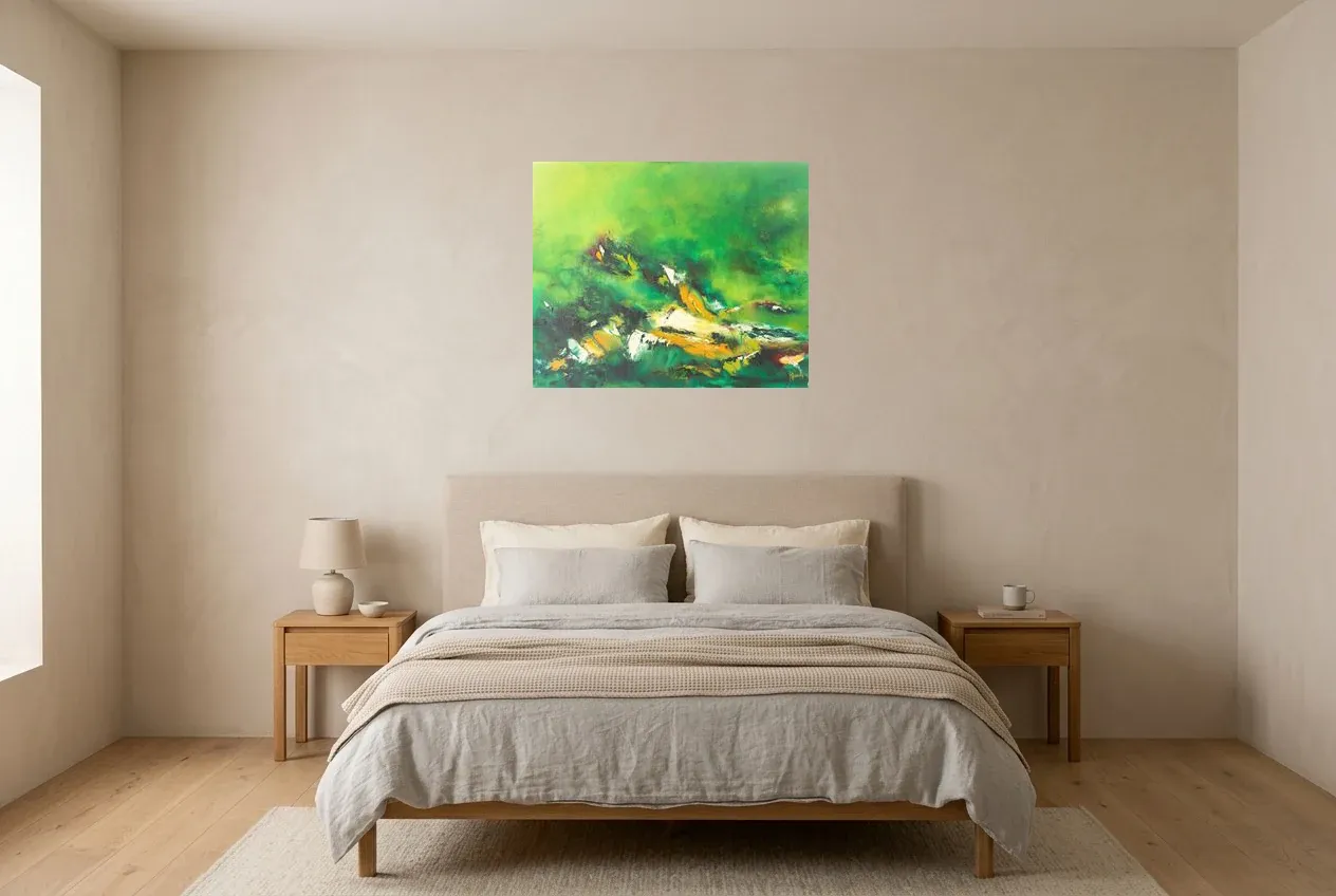 Green Abstract Painting 64 “Plénitude”, original oil painting by Régine Gardan, 73 × 60 cm, hung in a bedroom
