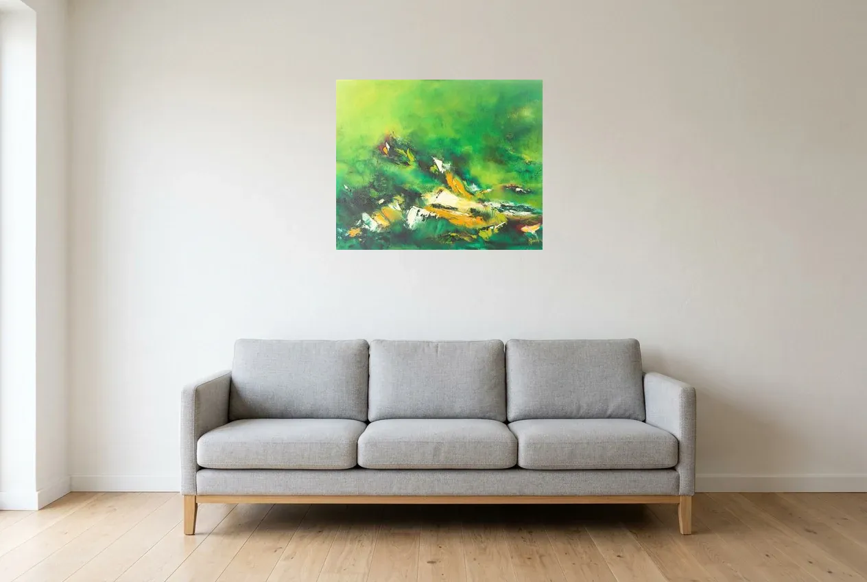 Green Abstract Painting 64 “Plénitude”, original oil painting by Régine Gardan, 73 × 60 cm, hung in a living room
