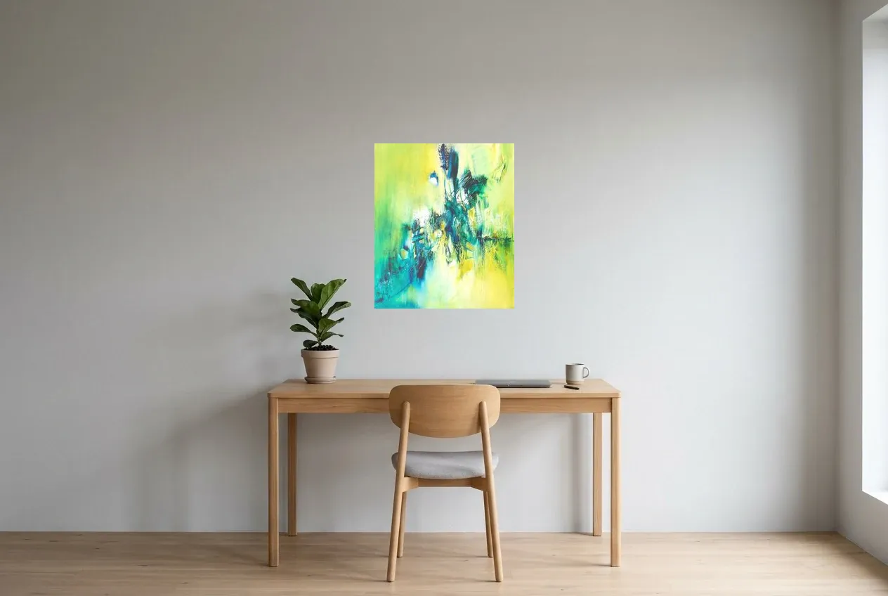 Cuadro Abstracto Verde 68 “Évasion”, pintura original al óleo de Régine Gardan, 55 × 65 cm, colgado en un despacho