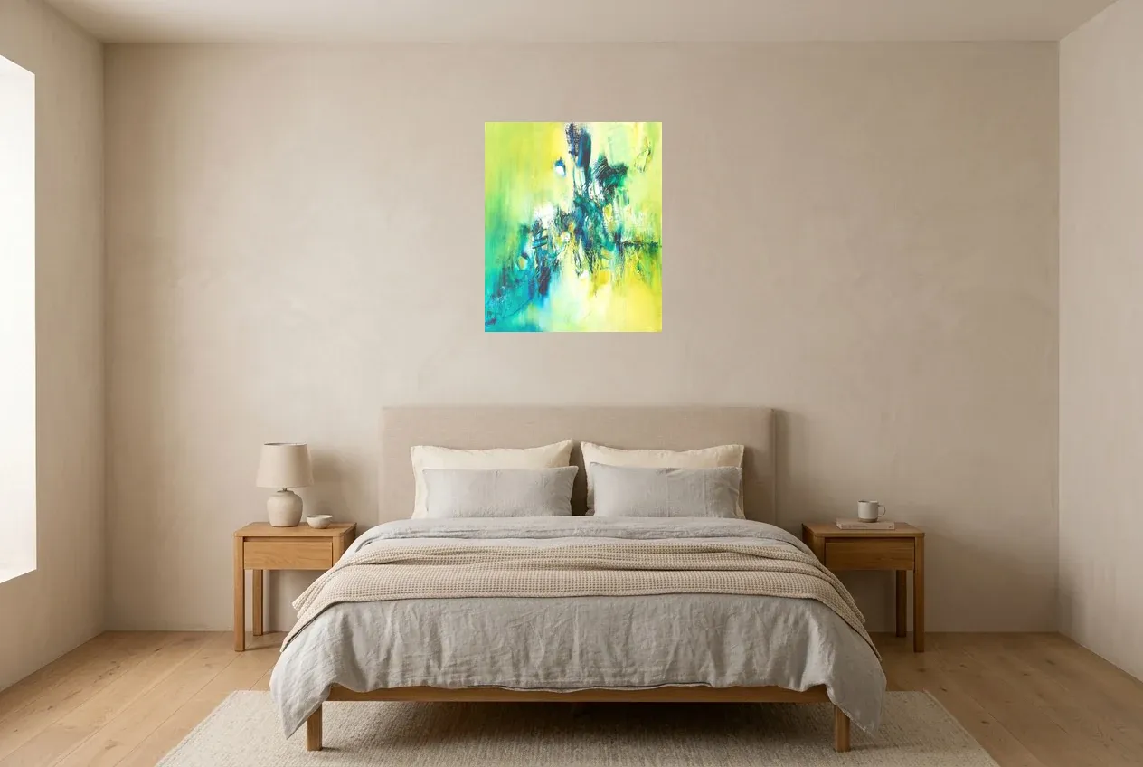 Cuadro Abstracto Verde 68 “Évasion”, pintura original al óleo de Régine Gardan, 55 × 65 cm, colgado en un dormitorio