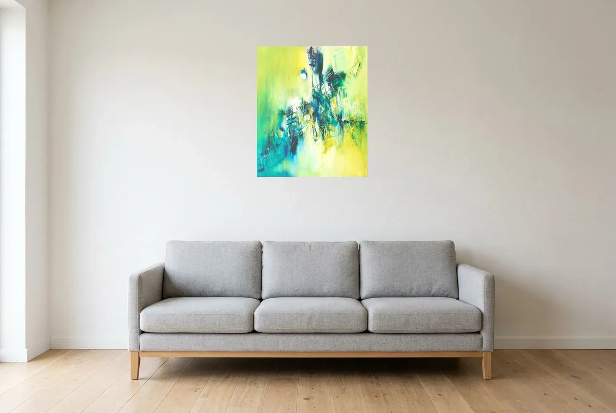 Cuadro Abstracto Verde 68 “Évasion”, pintura original al óleo de Régine Gardan, 55 × 65 cm, colgado en un salón