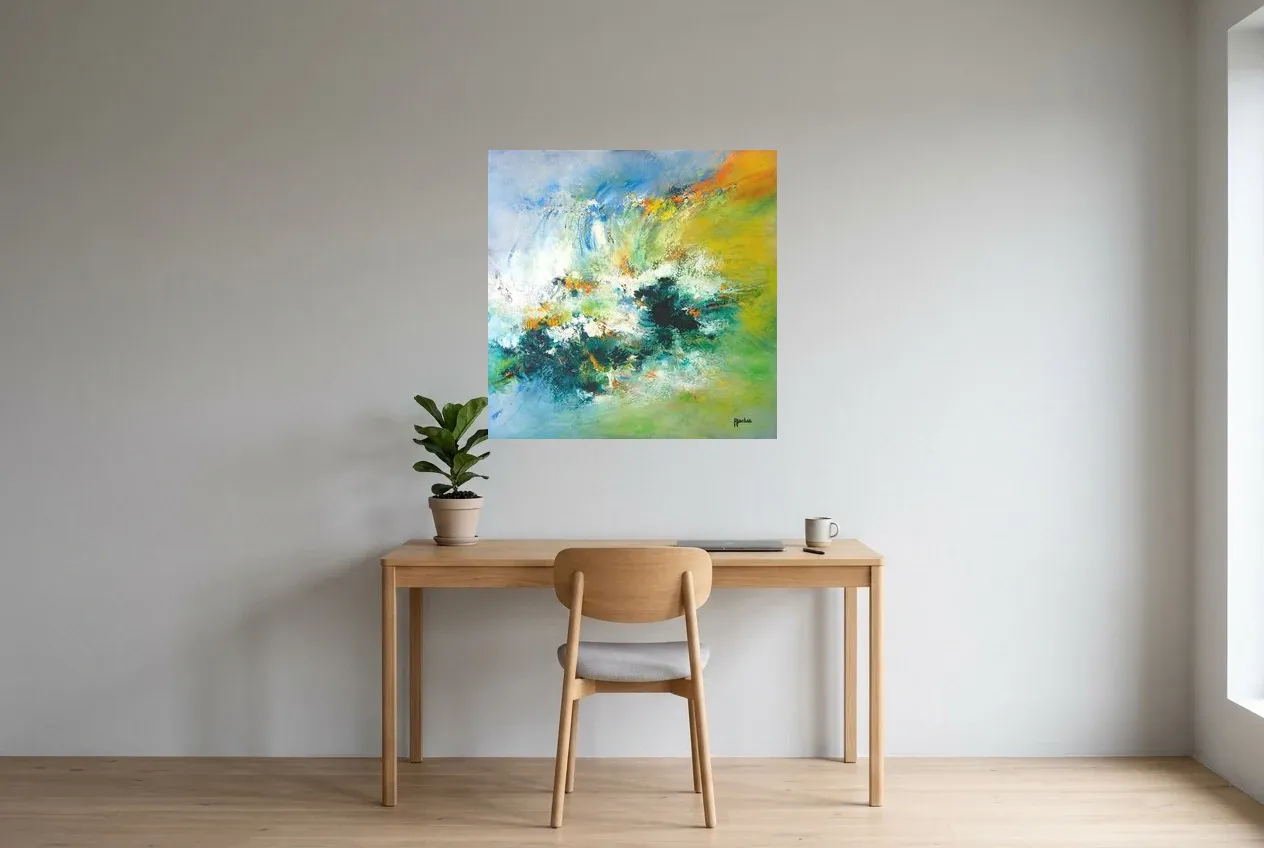 Green Abstract Wall Art 7 “Éclaboussure Végétal”, original oil painting by Régine Gardan, 80 × 80 cm, hung in a home office