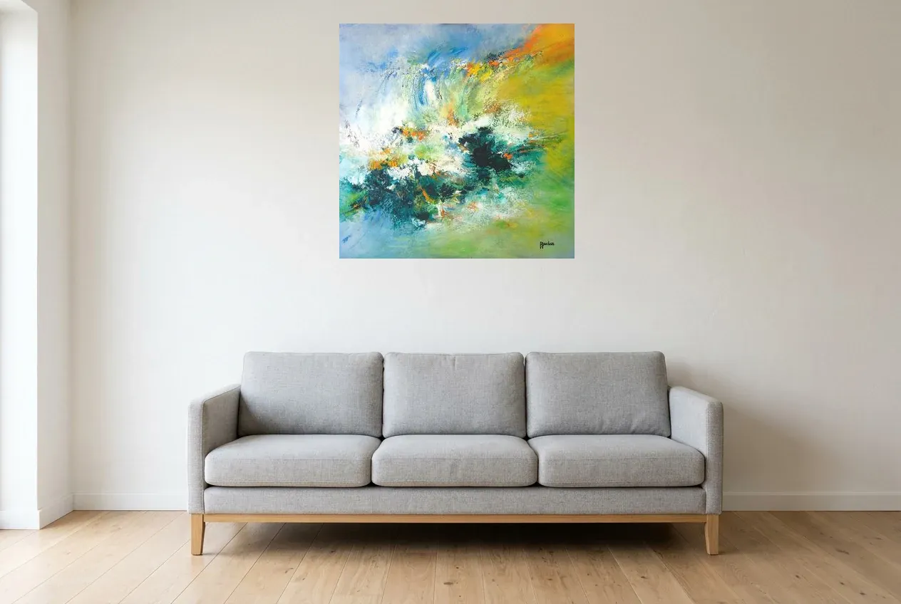 Green Abstract Wall Art 7 “Éclaboussure Végétal”, original oil painting by Régine Gardan, 80 × 80 cm, hung in a living room