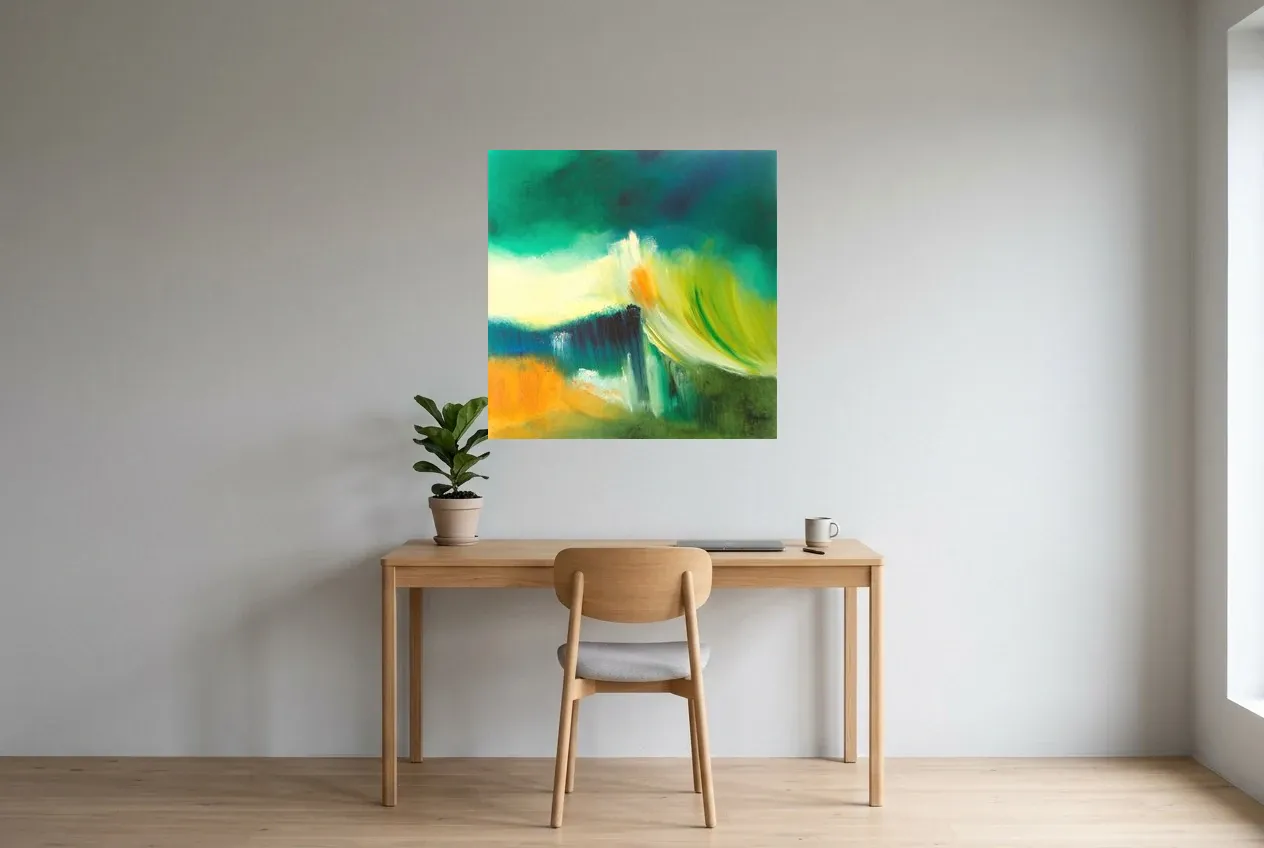 Green Abstract Painting 73 “Envol”, original oil painting by Régine Gardan, 80 × 80 cm, hung in a home office