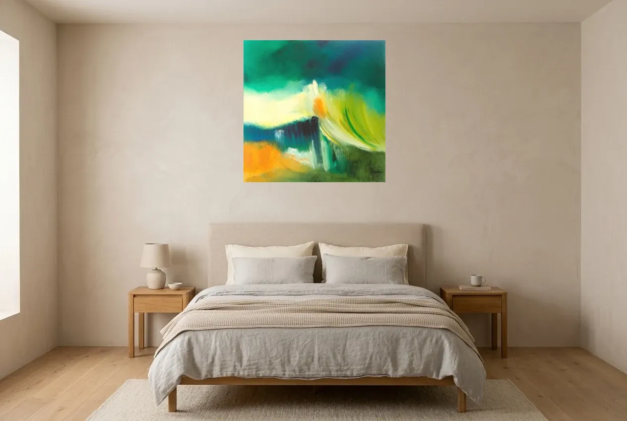 Green Abstract Painting 73 “Envol”, original oil painting by Régine Gardan, 80 × 80 cm, hung in a bedroom