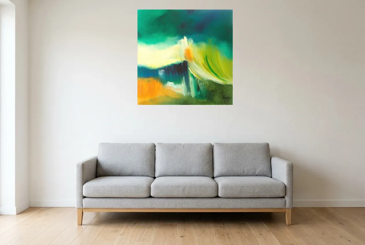 Green Abstract Painting 73 “Envol”, original oil painting by Régine Gardan, 80 × 80 cm, hung in a living room