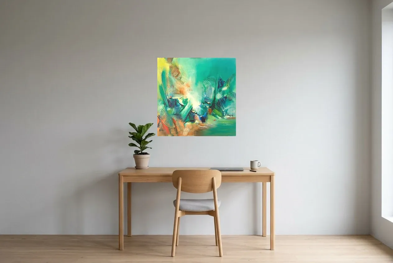 Cuadro Abstracto Verde 79 “Vibration”, pintura original al óleo de Régine Gardan, 70 × 70 cm, colgado en un despacho