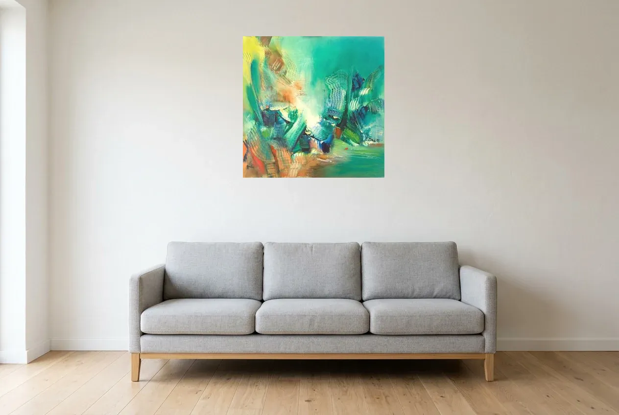 Cuadro Abstracto Verde 79 “Vibration”, pintura original al óleo de Régine Gardan, 70 × 70 cm, colgado en un salón