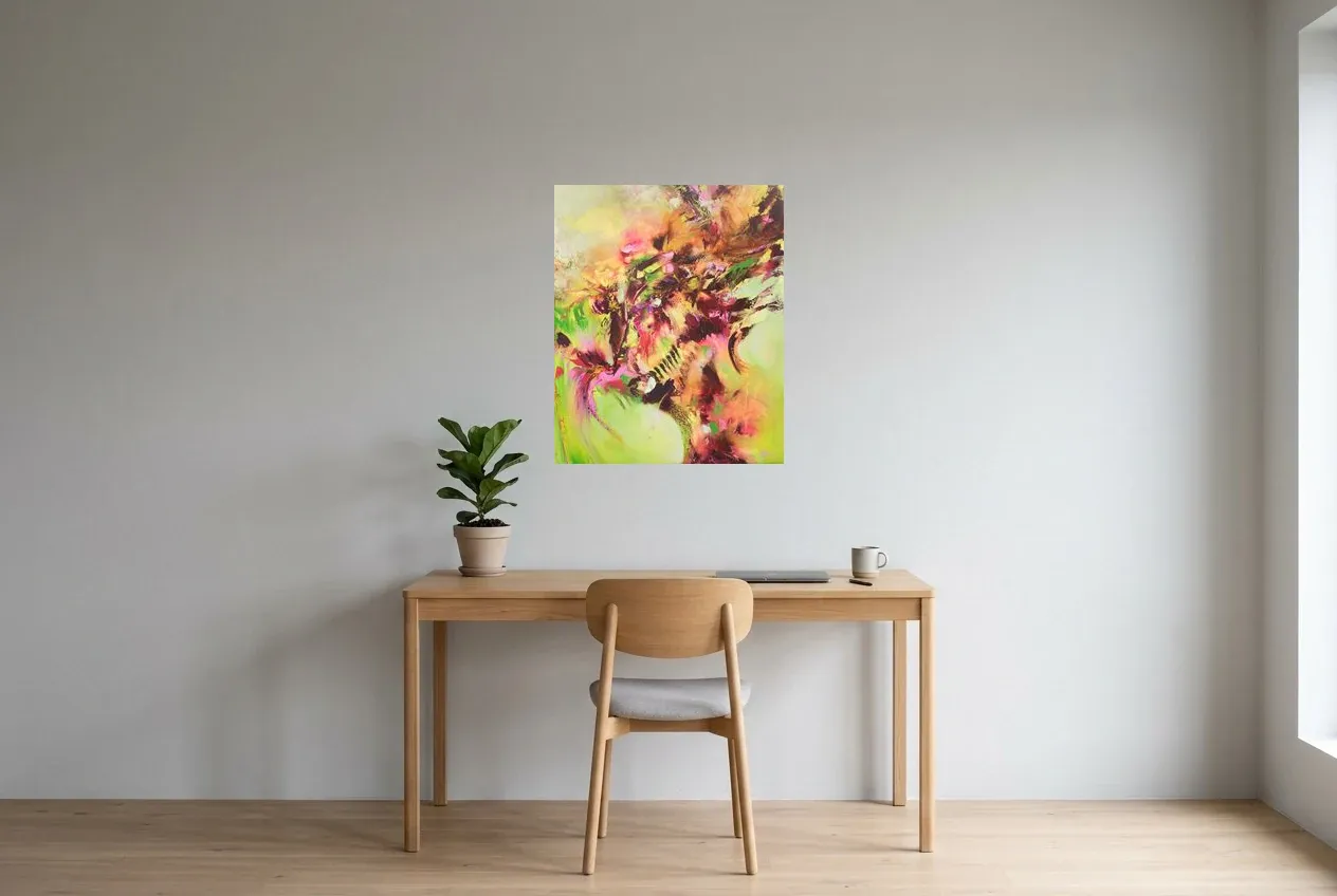 Green Abstract Painting 90 “Arbre De Vie”, original oil painting by Régine Gardan, 60 × 73 cm, hung in a home office