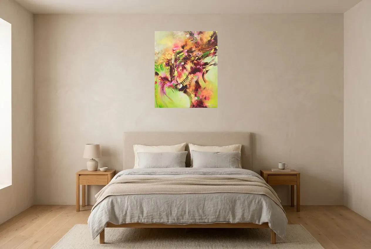 Green Abstract Painting 90 “Arbre De Vie”, original oil painting by Régine Gardan, 60 × 73 cm, hung in a bedroom