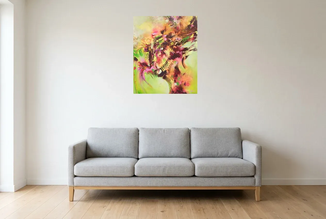 Green Abstract Painting 90 “Arbre De Vie”, original oil painting by Régine Gardan, 60 × 73 cm, hung in a living room